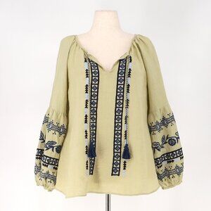 LBENARAS BY CITRUS 100% Linen Embroidered Billowy Blouse Sage Green Size L